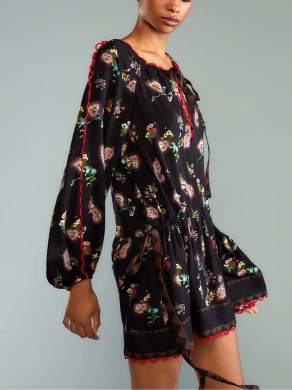 Cynthia Rowley Midnight Garden Black Floral Silk Long-Sleeve Dress Red Trim M